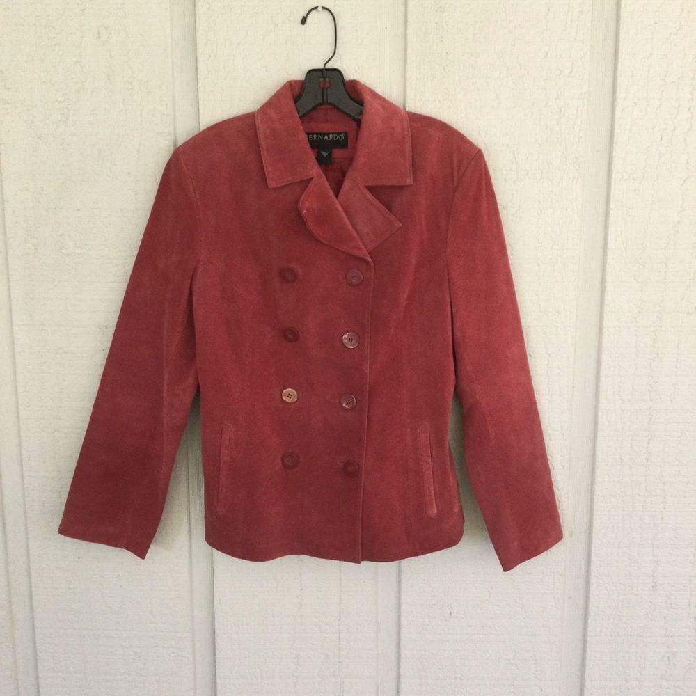 Bernardo Double Breasted Suede Leather Jacket Size 12 Women Long Sleeve Button - Picture 1 of 13
